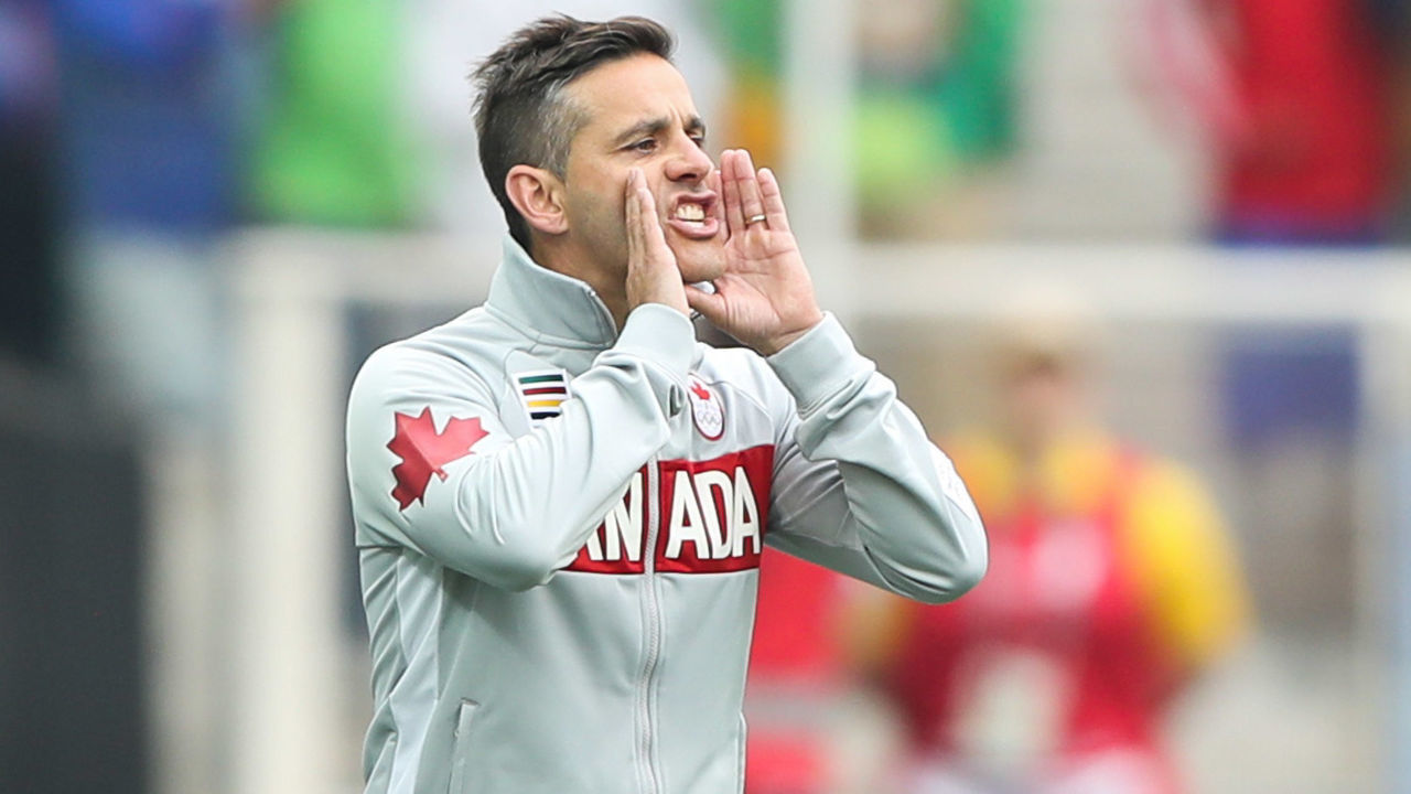 SAO PAULO, BRAZIL - AUGUST 03: John Herdman, head coach of Canada in action during the match between Canada and Australia womens football for the summer olympics at Arena Corinthians on August 3, 2016 in Sao Paulo, Brazil.
