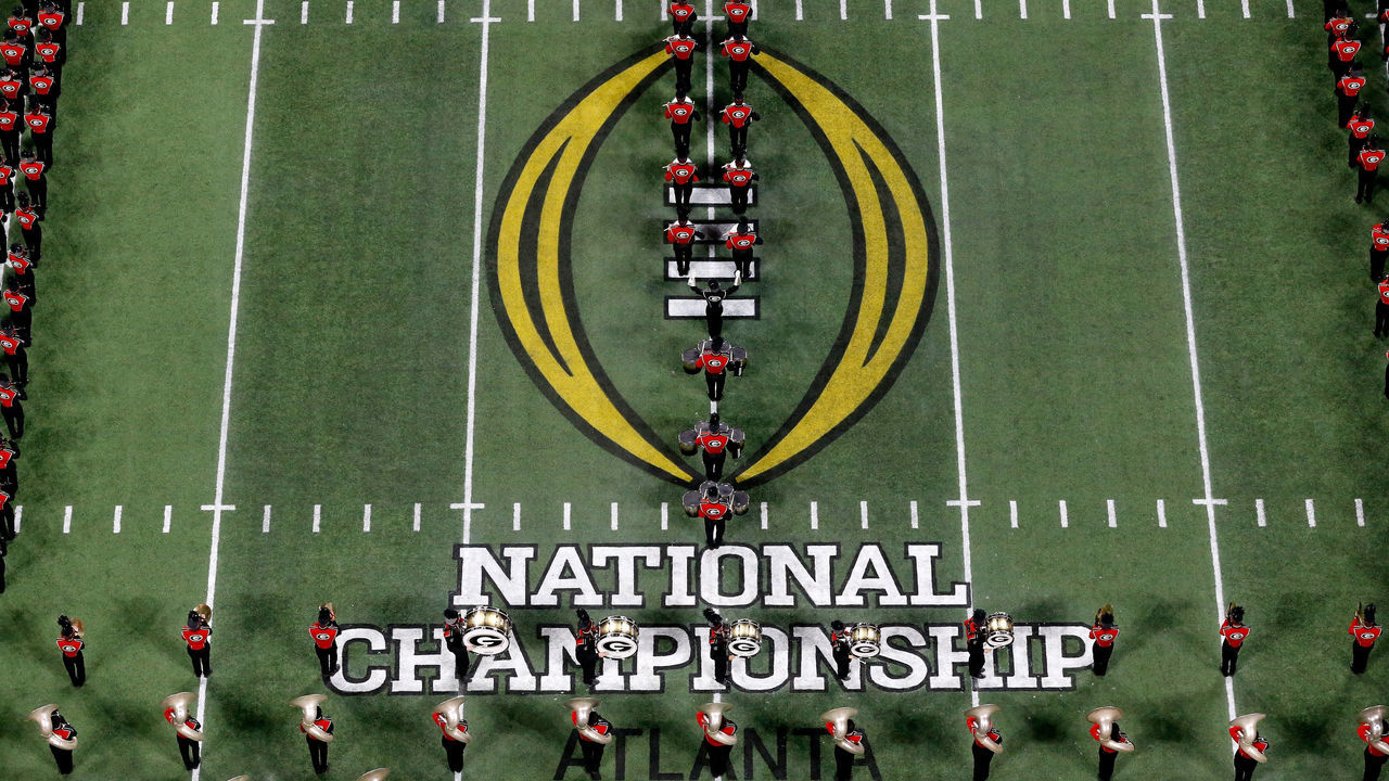 ATLANTA, GA - JANUARY 08: The Georgia Bulldogs Marching Band on field prior to the game against the Alabama Crimson Tide in the CFP National Championship presented by AT&T at Mercedes-Benz Stadium on January 8, 2018 in Atlanta, Georgia.