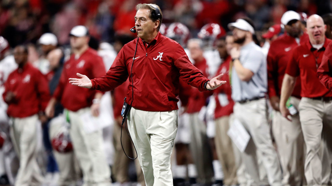 ATLANTA, GA - JANUARY 08: Head coach Nick Saban of the Alabama Crimson Tide reacts to a play during the first quarter against the Georgia Bulldogs in the CFP National Championship presented by AT&T at Mercedes-Benz Stadium on January 8, 2018 in Atlanta, Georgia.
