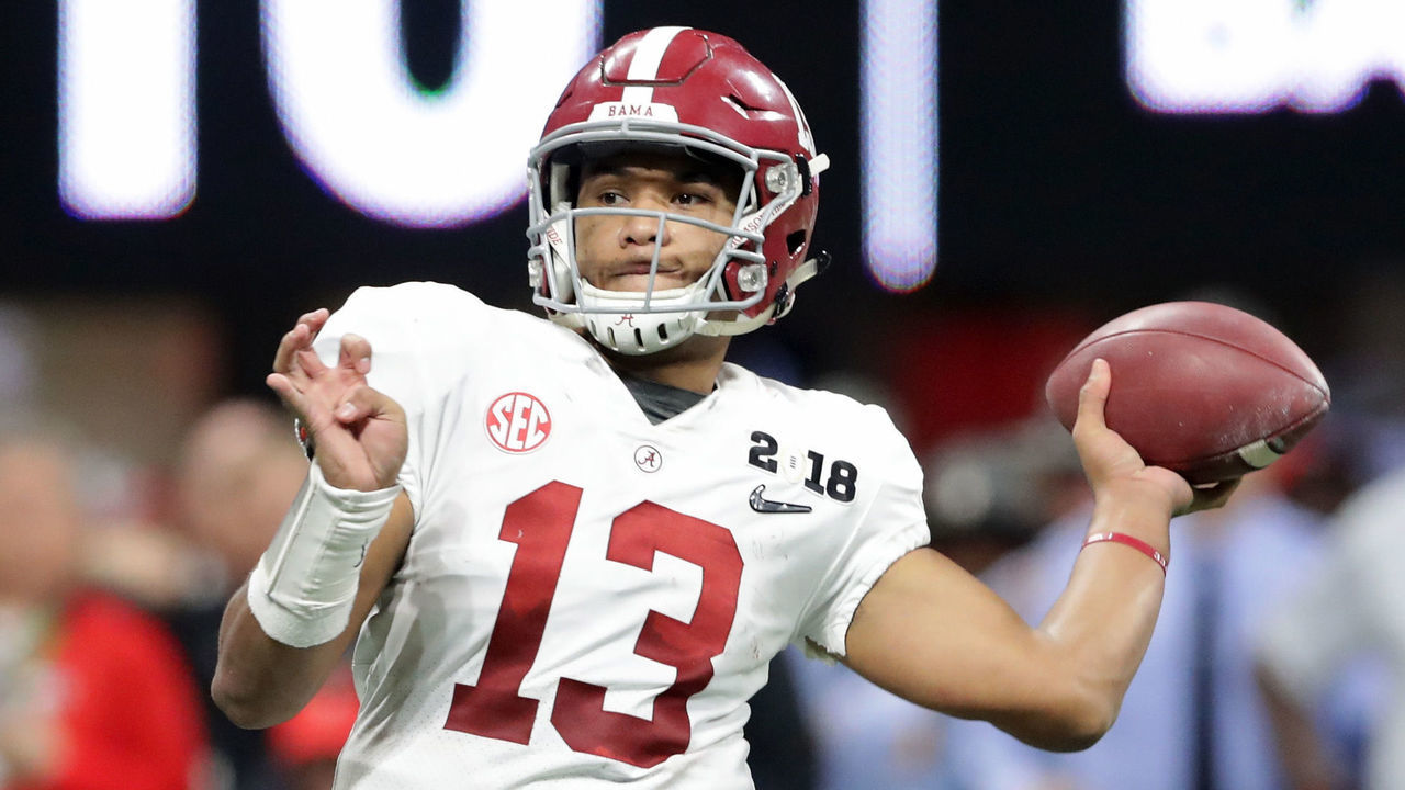 ATLANTA, GA - JANUARY 08: Tua Tagovailoa #13 of the Alabama Crimson Tide throws a pass during the second half against the Georgia Bulldogs in the CFP National Championship presented by AT&T at Mercedes-Benz Stadium on January 8, 2018 in Atlanta, Georgia.