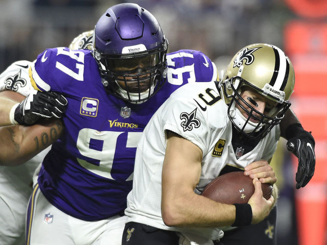 MINNEAPOLIS, MN - SEPTEMBER 11: Everson Griffen #97 of the Minnesota Vikings sacks quarterback Drew Brees #9 of the New Orleans Saints in the third quarter of the game on September 11, 2017 at U.S. Bank Stadium in Minneapolis, Minnesota.