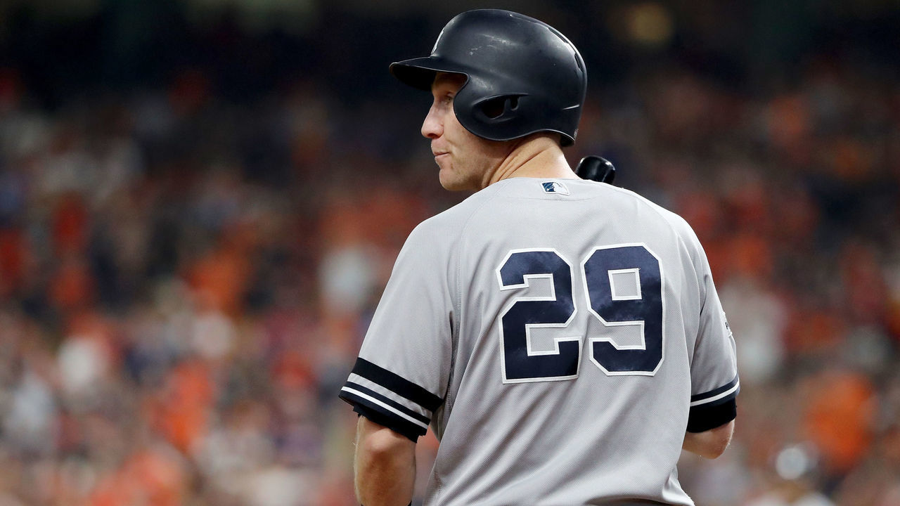 HOUSTON, TX - OCTOBER 21: Todd Frazier #29 of the New York Yankees looks on against the Houston Astros in Game Seven of the American League Championship Series at Minute Maid Park on October 21, 2017 in Houston, Texas.