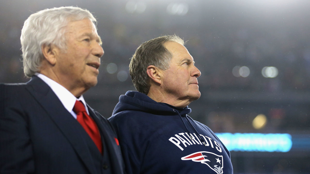 FOXBORO, MA - JANUARY 22: Robert Kraft, owner and CEO of the New England Patriots (L), and head coach Bill Belichick of the New England Patriots look on after defeating the Pittsburgh Steelers 36-17 to win the AFC Championship Game at Gillette Stadium on January 22, 2017 in Foxboro, Massachusetts.