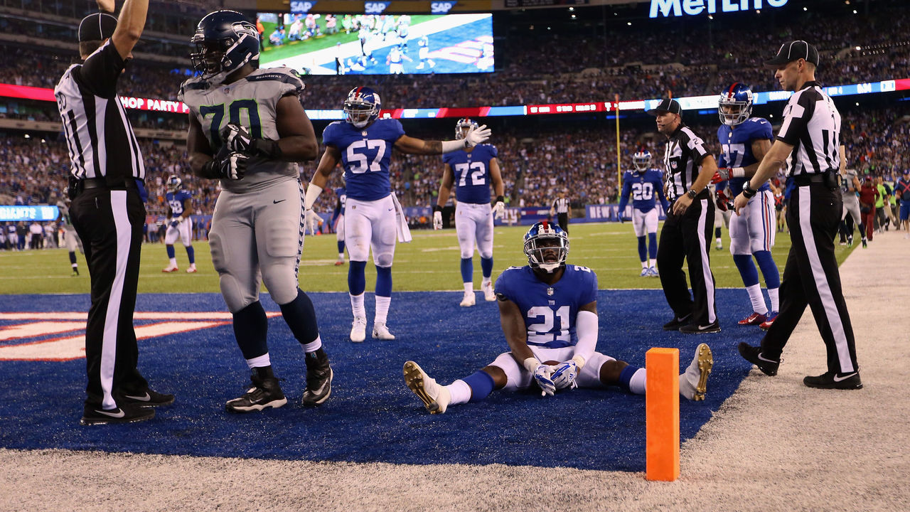 EAST RUTHERFORD, NJ - OCTOBER 22: Landon Collins #21 of the New York Giants and teammates react after Paul Richardson #10 (not pictured)of the Seattle Seahawks scored a touchdown during the fourth quarter of the game at MetLife Stadium on October 22, 2017 in East Rutherford, New Jersey.