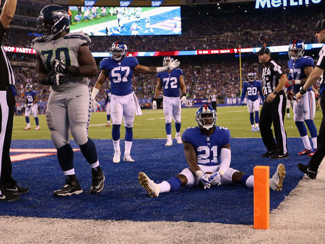 EAST RUTHERFORD, NJ - OCTOBER 22: Landon Collins #21 of the New York Giants and teammates react after Paul Richardson #10 (not pictured)of the Seattle Seahawks scored a touchdown during the fourth quarter of the game at MetLife Stadium on October 22, 2017 in East Rutherford, New Jersey.