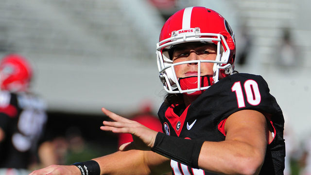 ATHENS, GA - NOVEMBER 19: Jacob Eason #10 of the Georgia Bulldogs warms up before the game against the Lousiana-Lafayette Rajin' Cajuns at Sanford Stadium on November 19, 2016 in Athens, Georgia.