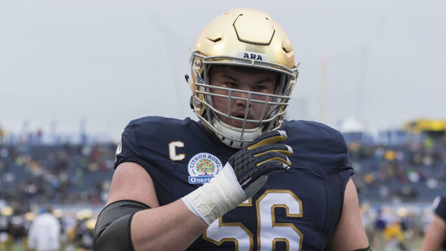 ORLANDO, FL - JANUARY 01: Notre Dame Fighting Irish offensive lineman Quenton Nelson (56) warms up prior to the Citrus Bowl game between the Notre Dame Fighting Irish and the LSU Tigers on January 01, 2018, at Camping World Stadium in Orlando, FL. Notre Dame leads 3-0 at half.