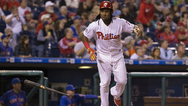 PHILADELPHIA, PA - SEPTEMBER 29: Maikel Franco #7 of the Philadelphia Phillies hits a two run home run in the bottom of the second inning against the New York Mets at Citizens Bank Park on September 29, 2017 in Philadelphia, Pennsylvania.