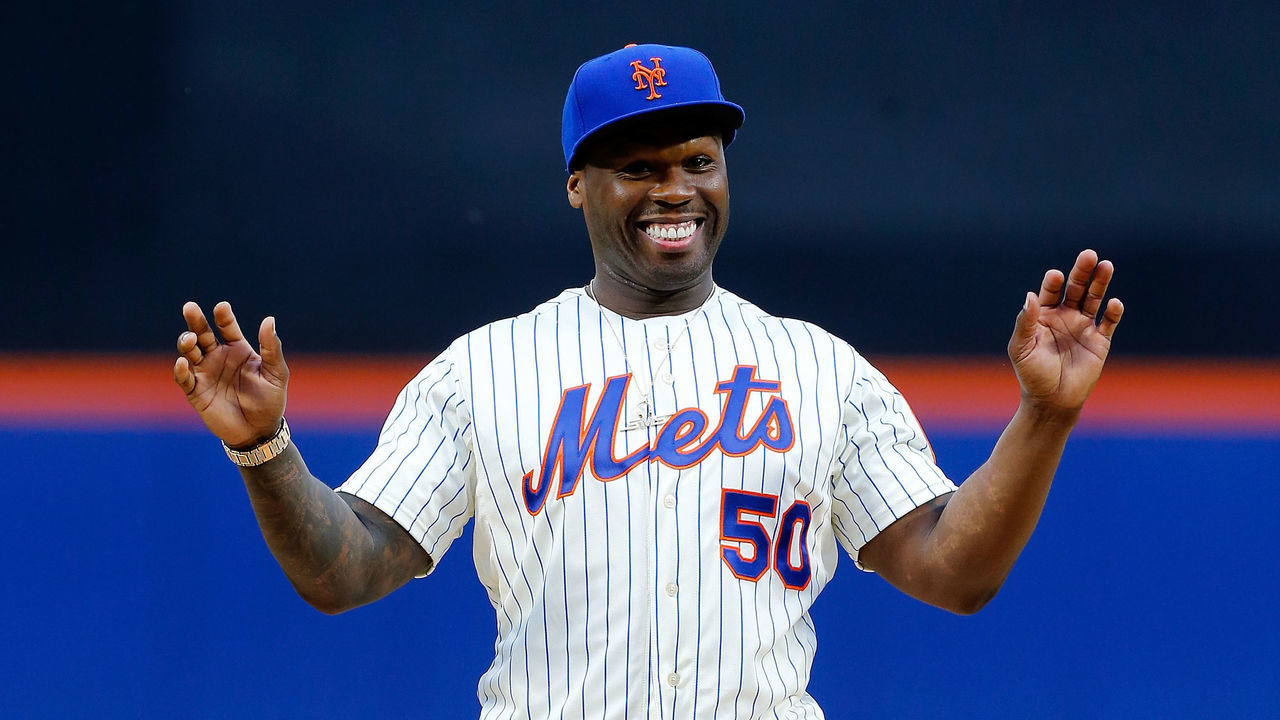 NEW YORK, NY - MAY 27: Rap artist 50 Cent reacts after throwing the ceremonial first pitch of a game between the New York Mets and the Pittsburgh Pirates at Citi Field on May 27, 2014 in the Flushing neighborhood of the Queens borough of New York City.