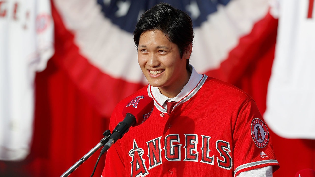 ANAHEIM, CA - DECEMBER 09: Shohei Ohtani speaks onstage as he is introduced to the Los Angeles Angels of Anaheim at Angel Stadium of Anaheim on December 9, 2017 in Anaheim, California.