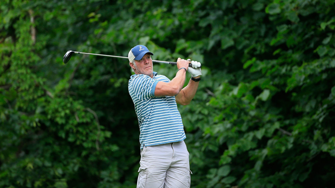 MADISON, WI - JUNE 24: Bret Favre hits his drive on the second hole during the Celebrity Foursome to benefit the American Family Children's Hospital held during the second round of the American Family Insurance Championship held at University Ridge Golf Course on June 24, 2017 in Madison, Wisconsin.