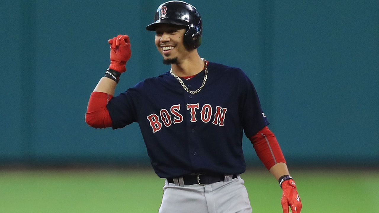 HOUSTON, TX - OCTOBER 06: Mookie Betts #50 of the Boston Red Sox reacts after hitting a double in the first inning against the Houston Astros during game two of the American League Division Series at Minute Maid Park on October 6, 2017 in Houston, Texas.