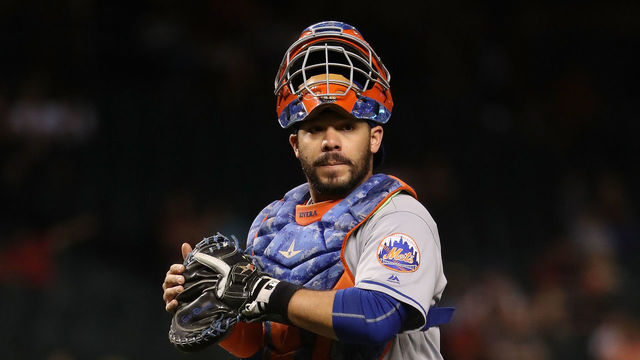 PHOENIX, AZ - MAY 15: Catcher Rene Rivera #44 of the New York Mets during the MLB game against the Arizona Diamondbacks at Chase Field on May 15, 2017 in Phoenix, Arizona