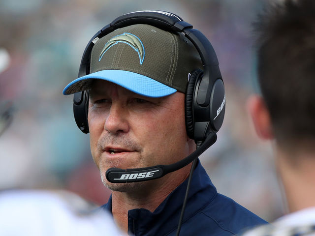 JACKSONVILLE, FL - NOVEMBER 12: Defensive coordinator for the Los Angeles Chargers Gus Bradley watches the play on the field during the first half of their game against the Jacksonville Jaguars at EverBank Field on November 12, 2017 in Jacksonville, Florida.