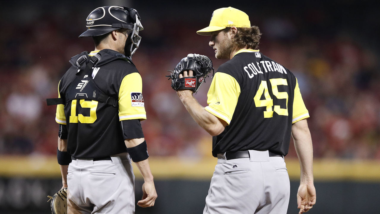 CINCINNATI, OH - AUGUST 26: Gerrit Cole #45 and Chris Stewart #19 of the Pittsburgh Pirates talk at the mound in the seventh inning of a game against the Cincinnati Reds at Great American Ball Park on August 26, 2017 in Cincinnati, Ohio. The Pirates defeated the Reds 1-0.