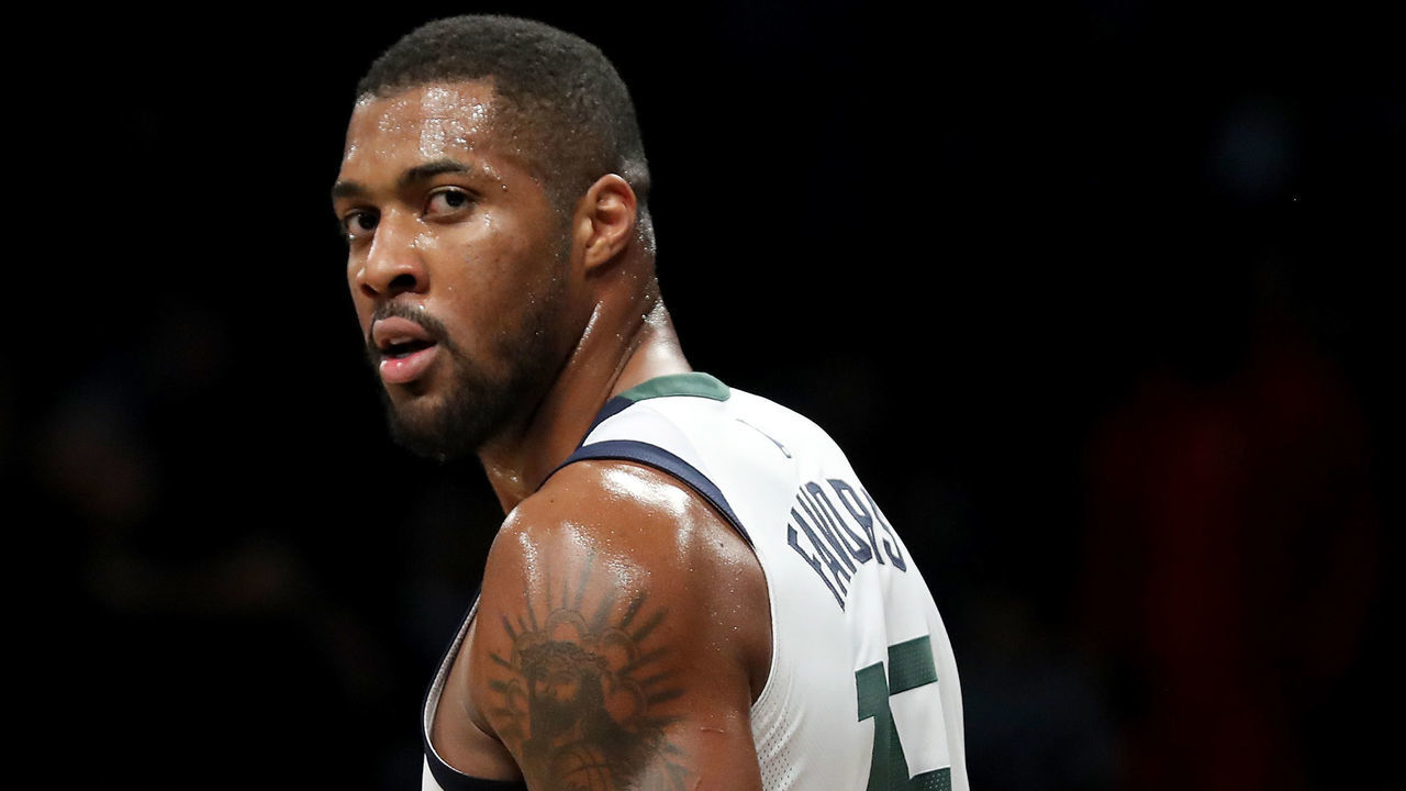 NEW YORK, NY - NOVEMBER 17: Derrick Favors #15 of the Utah Jazz reacts in the second half against the Brooklyn Nets during their game at Barclays Center on November 17, 2017 in the Brooklyn borough of New York City.