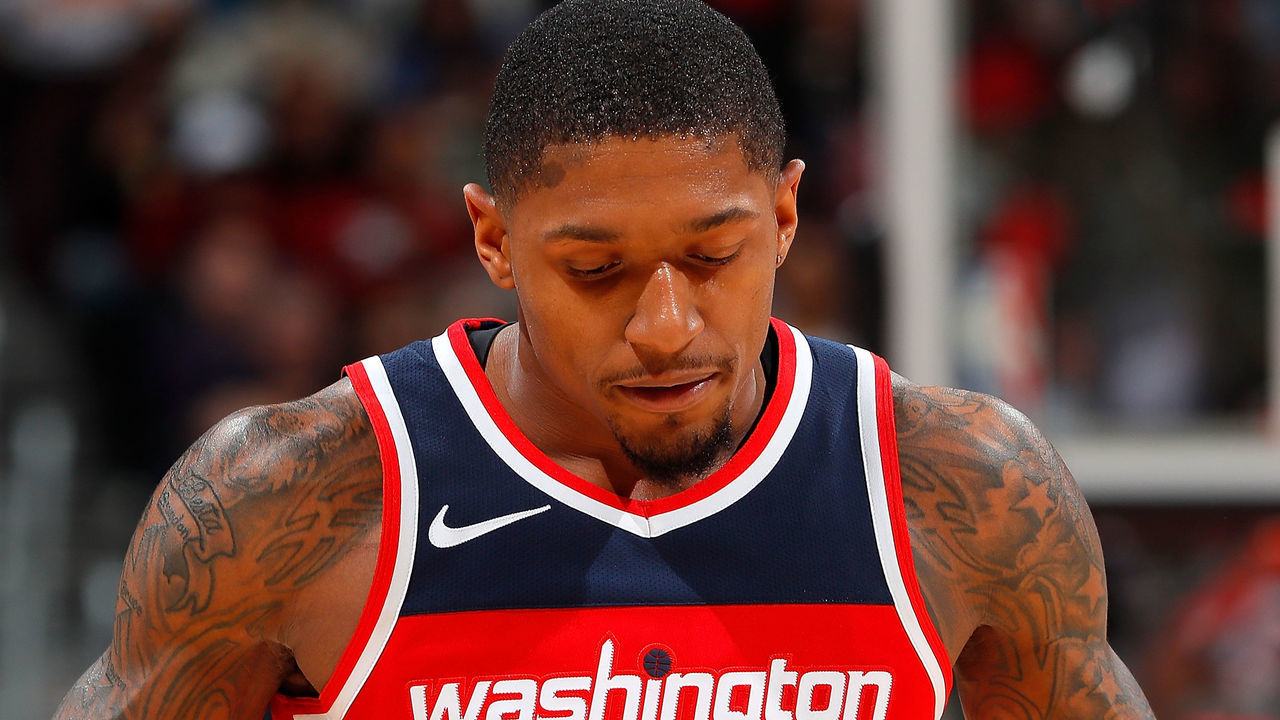 ATLANTA, GA - DECEMBER 27: Bradley Beal #3 of the Washington Wizards reacts during the game against the Atlanta Hawks at Philips Arena on December 27, 2017 in Atlanta, Georgia.