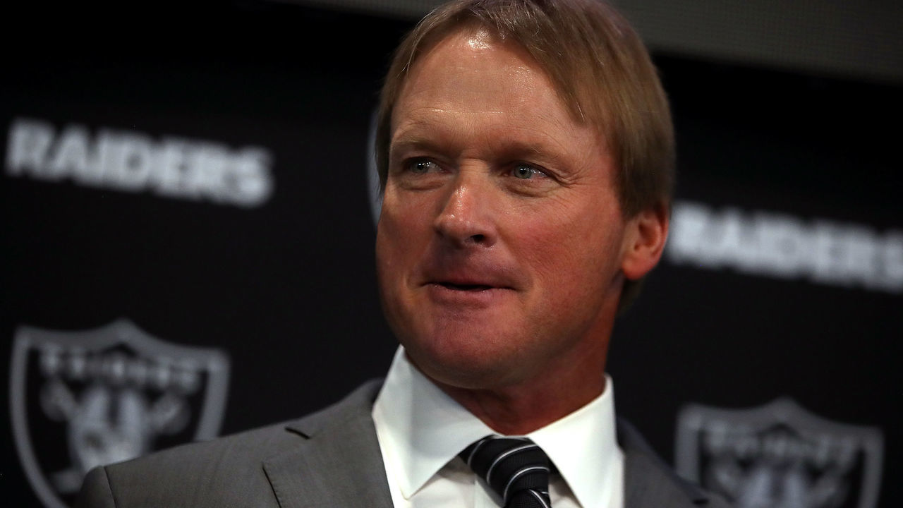 ALAMEDA, CA - JANUARY 09: Oakland Raiders new head coach Jon Gruden looks on during a news conference at Oakland Raiders headquarters on January 9, 2018 in Alameda, California. Jon Gruden has returned to the Oakland Raiders after leaving the team in 2001.