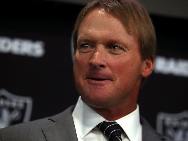 ALAMEDA, CA - JANUARY 09: Oakland Raiders new head coach Jon Gruden looks on during a news conference at Oakland Raiders headquarters on January 9, 2018 in Alameda, California. Jon Gruden has returned to the Oakland Raiders after leaving the team in 2001.