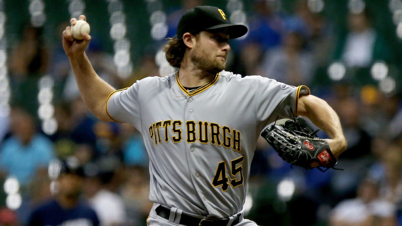 MILWAUKEE, WI - SEPTEMBER 12: Gerrit Cole #45 of the Pittsburgh Pirates pitches in the third inning against the Milwaukee Brewers at Miller Park on September 12, 2017 in Milwaukee, Wisconsin.