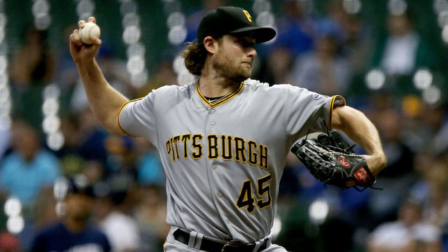 MILWAUKEE, WI - SEPTEMBER 12: Gerrit Cole #45 of the Pittsburgh Pirates pitches in the third inning against the Milwaukee Brewers at Miller Park on September 12, 2017 in Milwaukee, Wisconsin.
