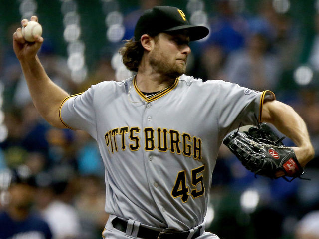 MILWAUKEE, WI - SEPTEMBER 12: Gerrit Cole #45 of the Pittsburgh Pirates pitches in the third inning against the Milwaukee Brewers at Miller Park on September 12, 2017 in Milwaukee, Wisconsin.