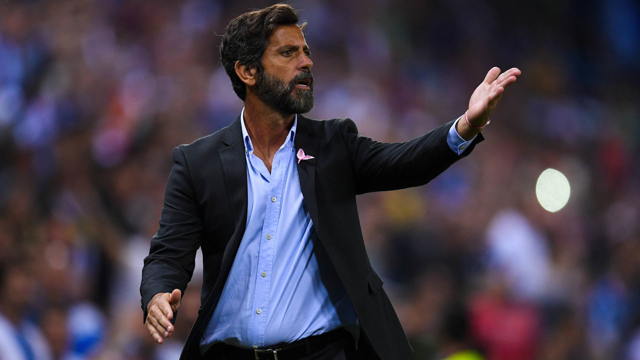 BARCELONA, SPAIN - OCTOBER 13: Head coach Quique Sanchez Flores of RCD Espanyol argues with the assistant referee after Gerard Moreno of RCD Espanyol (not in picture) scored a disallowed goal during the La Liga match between Espanyol and Levante at Cornella-El Prat stadium on October 13, 2017 in Barcelona, Spain.