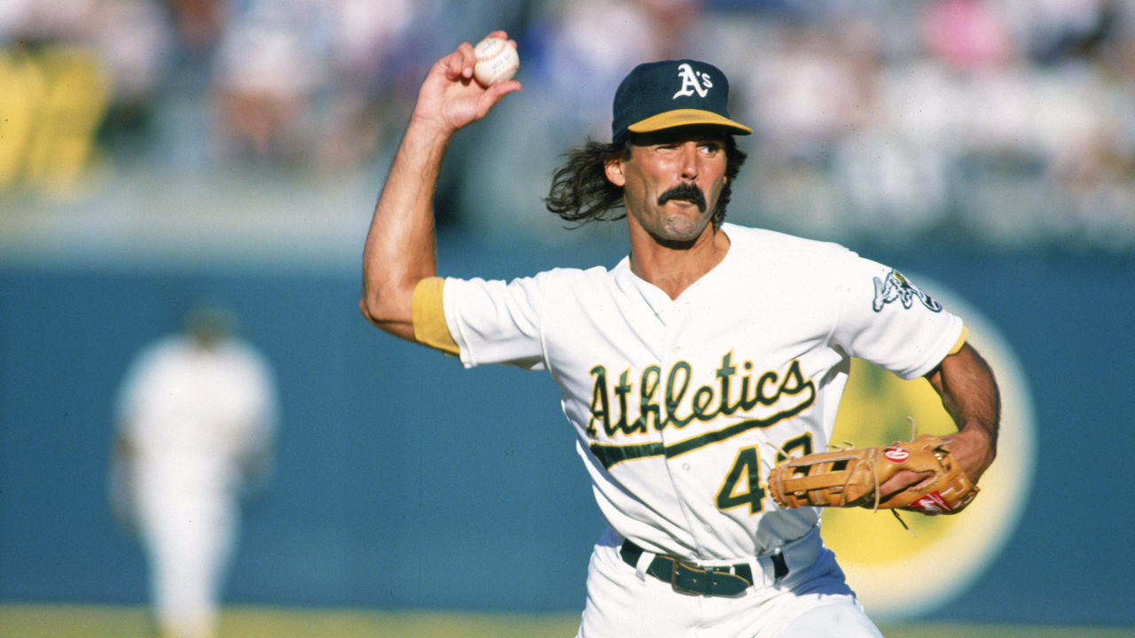 OAKLAND, CA: Dennis Eckersley of the Oakland Athletics pitches during an MLB game at the Oakland Coliseum in Oakland, California. Eckersley played for the Oakland Athletics from 1987-1995.
