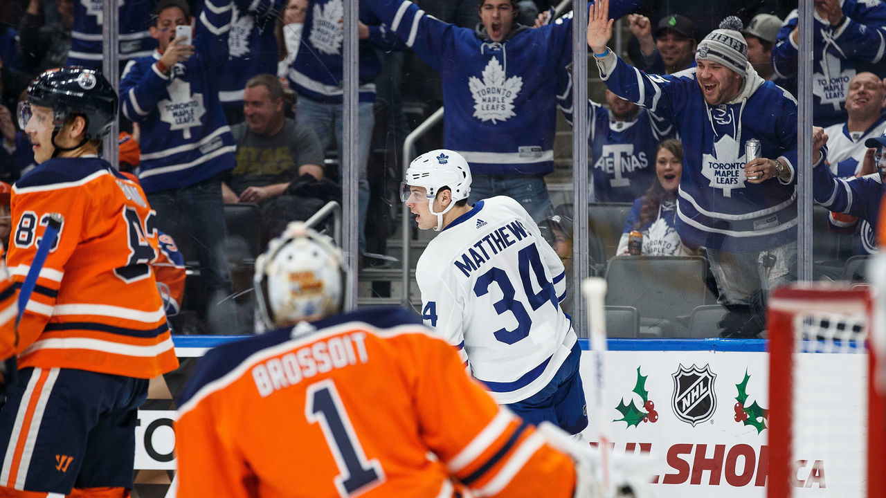 EDMONTON, AB - NOVEMBER 30: Auston Matthews #34 of the Toronto Maple Leafs celebrates a goal against the Edmonton Oilers at Rogers Place on November 30, 2017 in Edmonton, Canada.