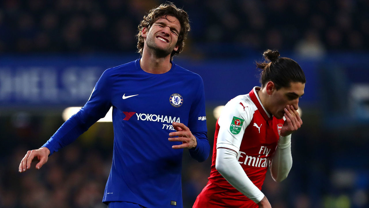 LONDON, ENGLAND - JANUARY 10: Marcos Alonso of Chelsea reacts after a missed chance during the Carabao Cup Semi-Final First Leg match between Chelsea and Arsenal at Stamford Bridge on January 10, 2018 in London, England.