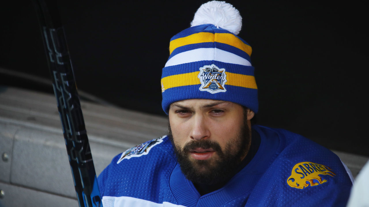 NEW YORK, NY - DECEMBER 31: Zach Bogosian #47 of the Buffalo Sabres gets ready for practice at Citi Field on December 31, 2017 in the Flushing neighborhood of the Queens borough of New York City. The team will take part in the 2018 Bridgestone NHL Winter Classic on New Years Day.