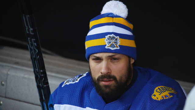 NEW YORK, NY - DECEMBER 31: Zach Bogosian #47 of the Buffalo Sabres gets ready for practice at Citi Field on December 31, 2017 in the Flushing neighborhood of the Queens borough of New York City. The team will take part in the 2018 Bridgestone NHL Winter Classic on New Years Day.