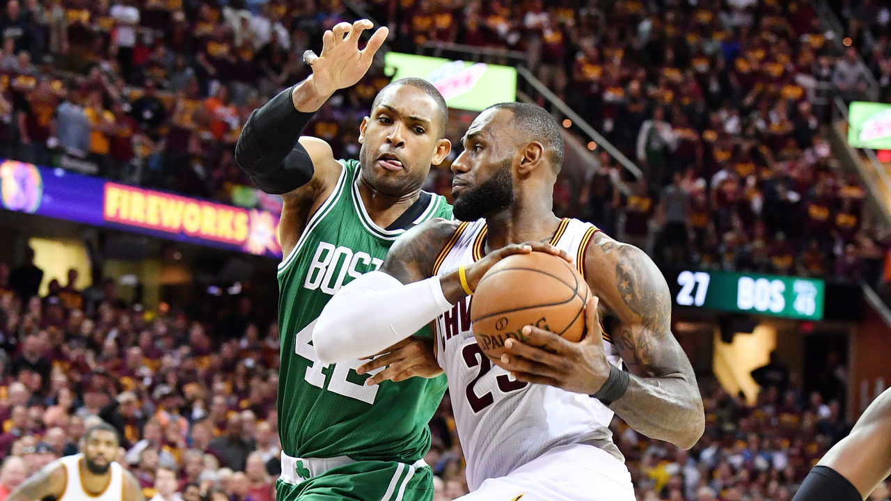 CLEVELAND, OH - MAY 21: LeBron James #23 of the Cleveland Cavaliers drives against Al Horford #42 of the Boston Celtics in the second half during Game Three of the 2017 NBA Eastern Conference Finals at Quicken Loans Arena on May 21, 2017 in Cleveland, Ohio.