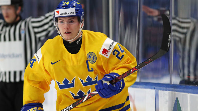 BUFFALO, NY - JANUARY 4: Lias Andersson #24 of Sweden during the IIHF World Junior Championship against the United States at KeyBank Center on January 4, 2018 in Buffalo, New York.