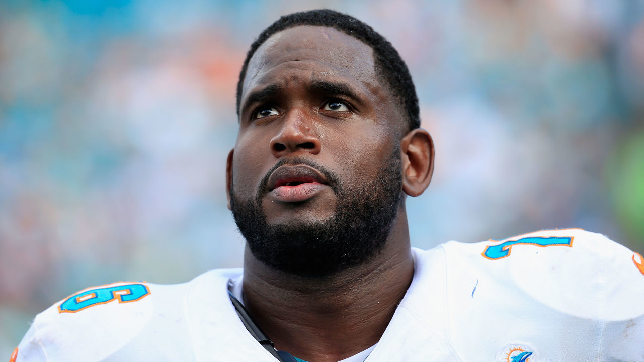 MIAMI GARDENS, FL - OCTOBER 25: Branden Albert #76 of the Miami Dolphins looks on during a game against the Houston Texans at Sun Life Stadium on October 25, 2015 in Miami Gardens, Florida.