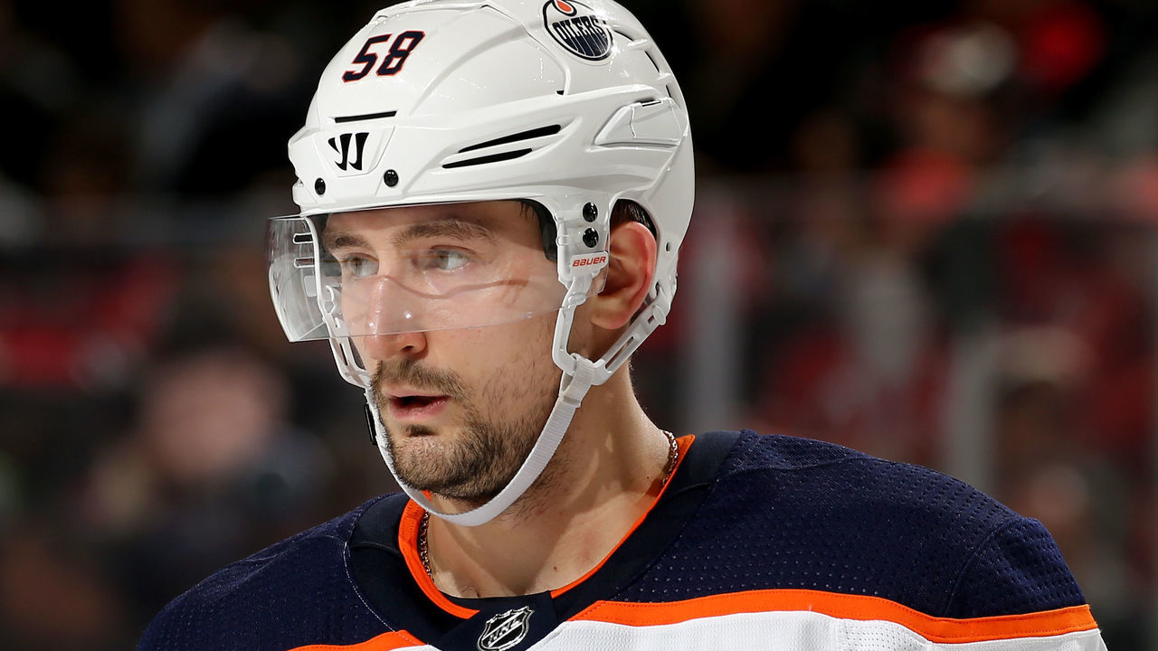 NEWARK, NJ - NOVEMBER 09: Anton Slepyshev * #58 of the Edmonton Oilers looks on before the face off against the New Jersey Devils on November 9, 2017 at Prudential Center in Newark, New Jersey.