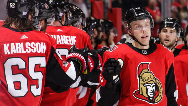 OTTAWA, ON - NOVEMBER 4: Ryan Dzingel #18 of the Ottawa Senators celebrates his third period goal against the Vegas Golden Knights with teammates Erik Karlsson #65 and Derick Brassard #19 at Canadian Tire Centre on November 4, 2017 in Ottawa, Ontario, Canada.