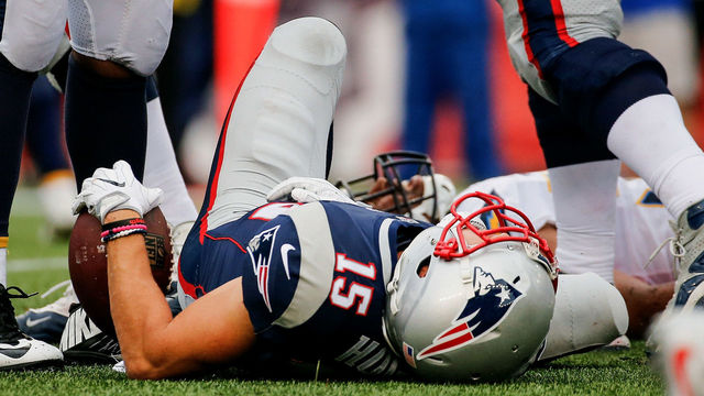 FOXBORO, MA - OCTOBER 29: Chris Hogan #15 of the New England Patriots is injured during the fourth quarter of a game against the Los Angeles Chargers at Gillette Stadium on October 29, 2017 in Foxboro, Massachusetts.