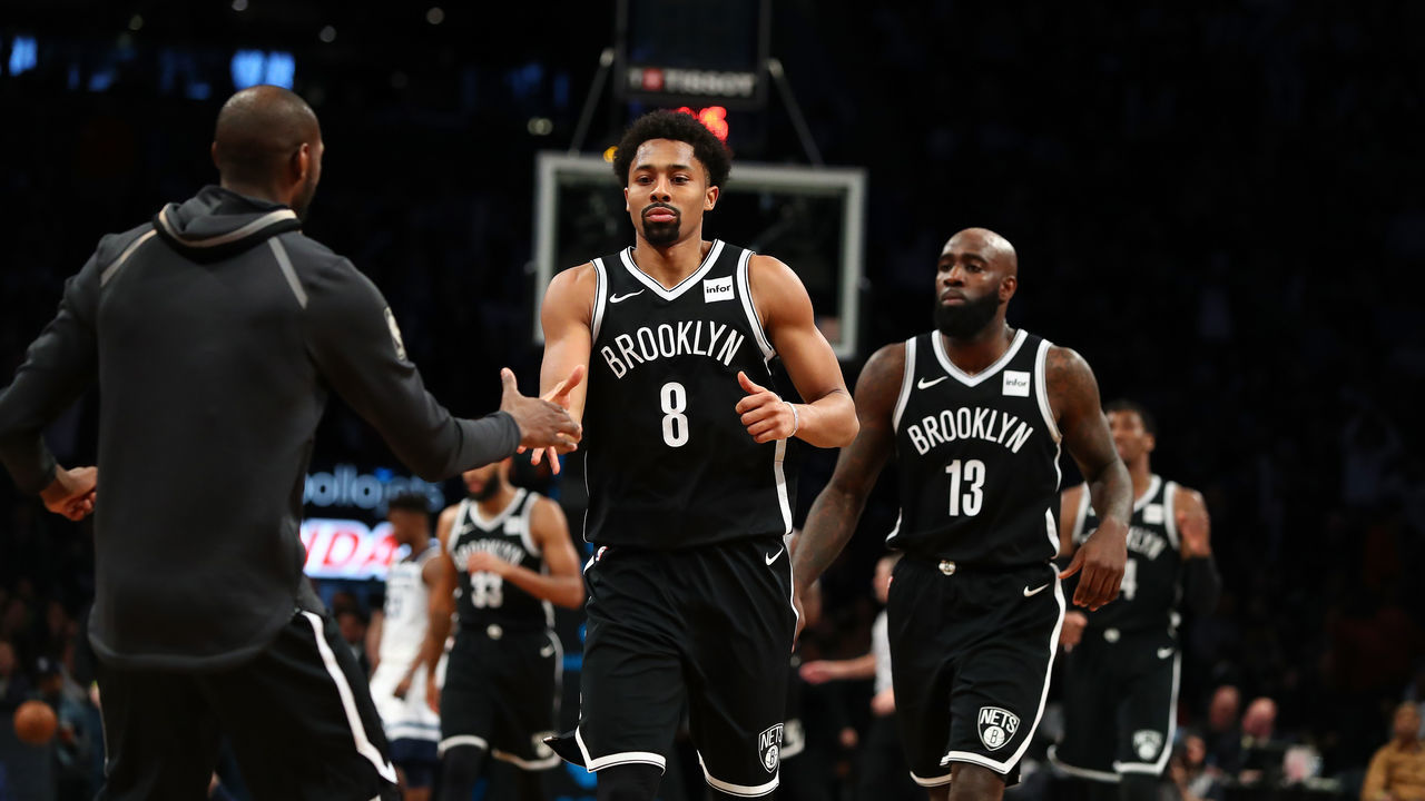 NEW YORK, NY - JANUARY 03: Spencer Dinwiddie #8 of the Brooklyn Nets celebrates scoring the winning basket against the Minnesota Timberwolves in the final seconds during their game at Barclays Center on January 3, 2018 in New York City. User expressly acknowledges and agrees that, by downloading and/or using this Photograph, user is consenting to the terms and conditions of the Getty Images License Agreement.