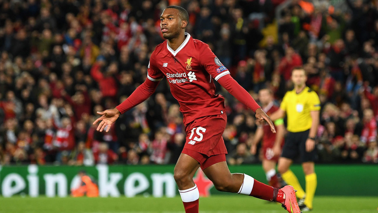 LIVERPOOL, ENGLAND - NOVEMBER 01: Daniel Sturridge of Liverpool scores his sides third goal during the UEFA Champions League group E match between Liverpool FC and NK Maribor at Anfield on November 1, 2017 in Liverpool, United Kingdom.