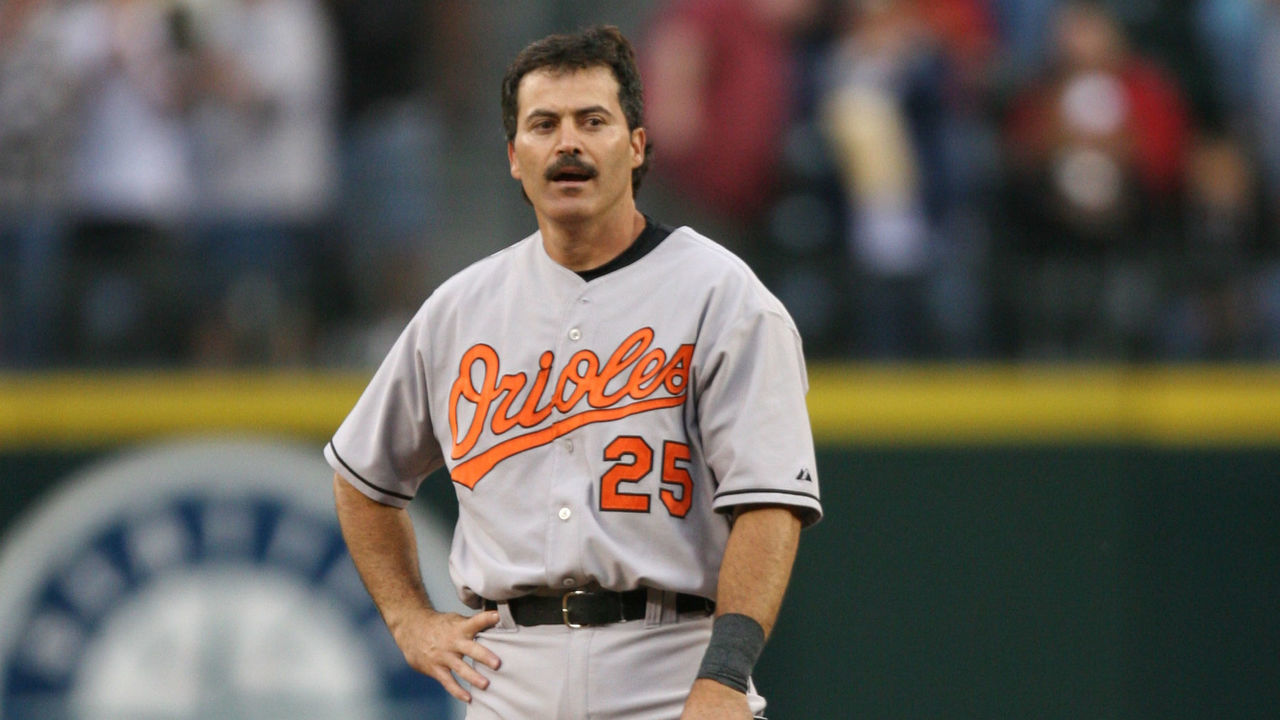SEATTLE - JULY 15: Rafael Palmeiro #25 of the Baltimore Orioles stands at second base after doubling against the Seattle Mariners for hit number 3000 of his career on July 15, 2005 at Safeco Field in Seattle, Washington.