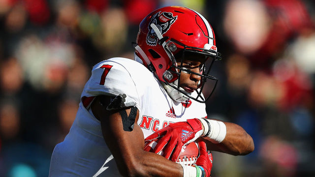 CHESTNUT HILL, MA - NOVEMBER 11: Nyheim Hines #7 of the North Carolina State Wolfpack runs with the ball during the first half against the Boston College Eagles at Alumni Stadium on November 11, 2017 in Chestnut Hill, Massachusetts.
