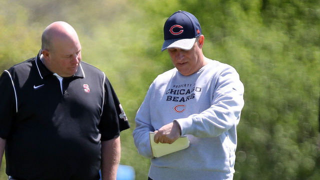 13 MAY 2016: Chicago Bears Defensive Coordinator Vic Fangio in action during the Chicago Bears Rookie minicamp at Hallas Hall, in Lake Forest, IL.