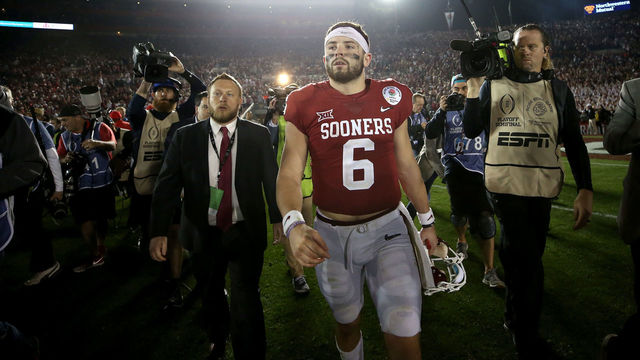 PASADENA, CA - JANUARY 01: Quarterback Baker Mayfield #6 of the Oklahoma Sooners walks off the field after losing to the Georgia Bulldogs 54-48 in the 2018 College Football Playoff Semifinal at the Rose Bowl Game presented by Northwestern Mutual at the Rose Bowl on January 1, 2018 in Pasadena, California.
