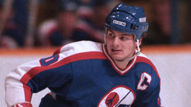 TORONTO, CANADA - NOVEMBER 17: Dale Hawerchuk #10 of the Winnipeg Jets skates up ice against the Toronto Maple Leafs in game action on November 17, 1984 at Maple Leaf Gardens in Toronto, Ontario Canada.