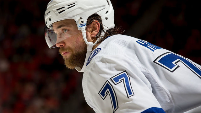 DETROIT, MI - JANUARY 07: Victor Hedman #77 of the Tampa Bay Lightning gets set for the face-off against the Detroit Red Wings during an NHL game at Little Caesars Arena on January 7, 2017 in Detroit, Michigan. The Lightning defeated the Wings 5-2.