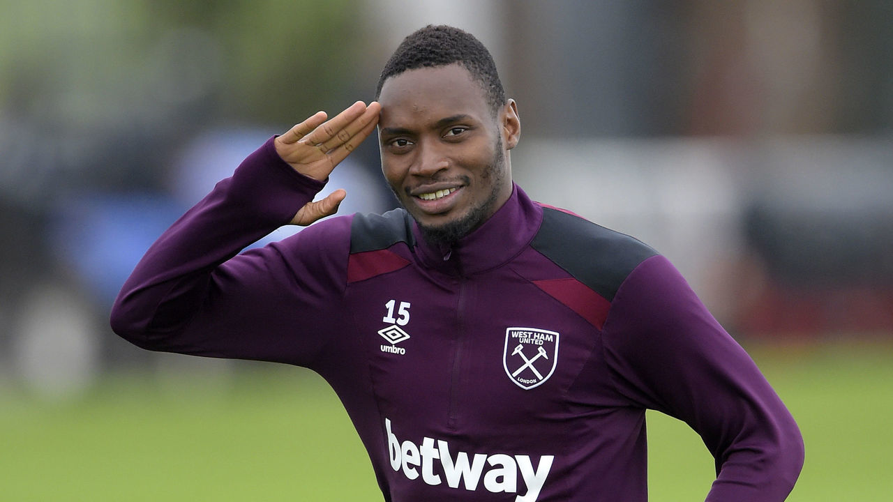 ROMFORD, ENGLAND - OCTOBER 24: Diafra Sakho of West Ham United during Training at Rush Green on October 24, 2017 in Romford, England.