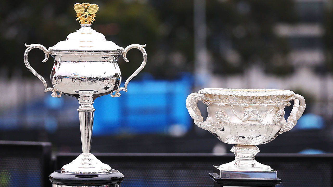 MELBOURNE, AUSTRALIA - JANUARY 07: The Daphne Akhurst Memorial Cup for Women and the Norman Brookes Memorial Cup for Men are seen ahead of the 2018 Australian Open at Melbourne Park on January 7, 2018 in Melbourne, Australia.