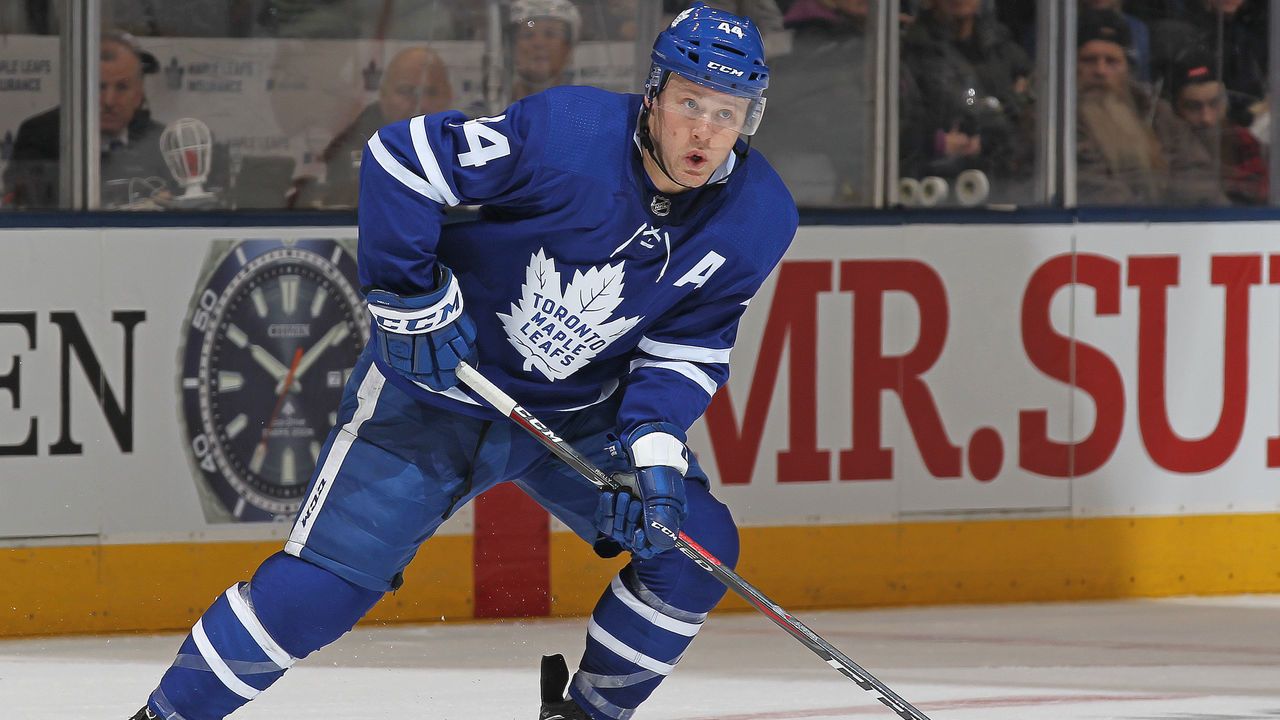 TORONTON, ON - JANUARY 6: Morgan Rielly #44 of the Toronto Maple Leafs gets set to make a pass against the Vancouver Canucks during an NHL game at the Air Canada Centre on January 6, 2018 in Toronto, Ontario, Canada. The Maple Leafs defeated the Canucks 3-2 in an overtime shoot-out.