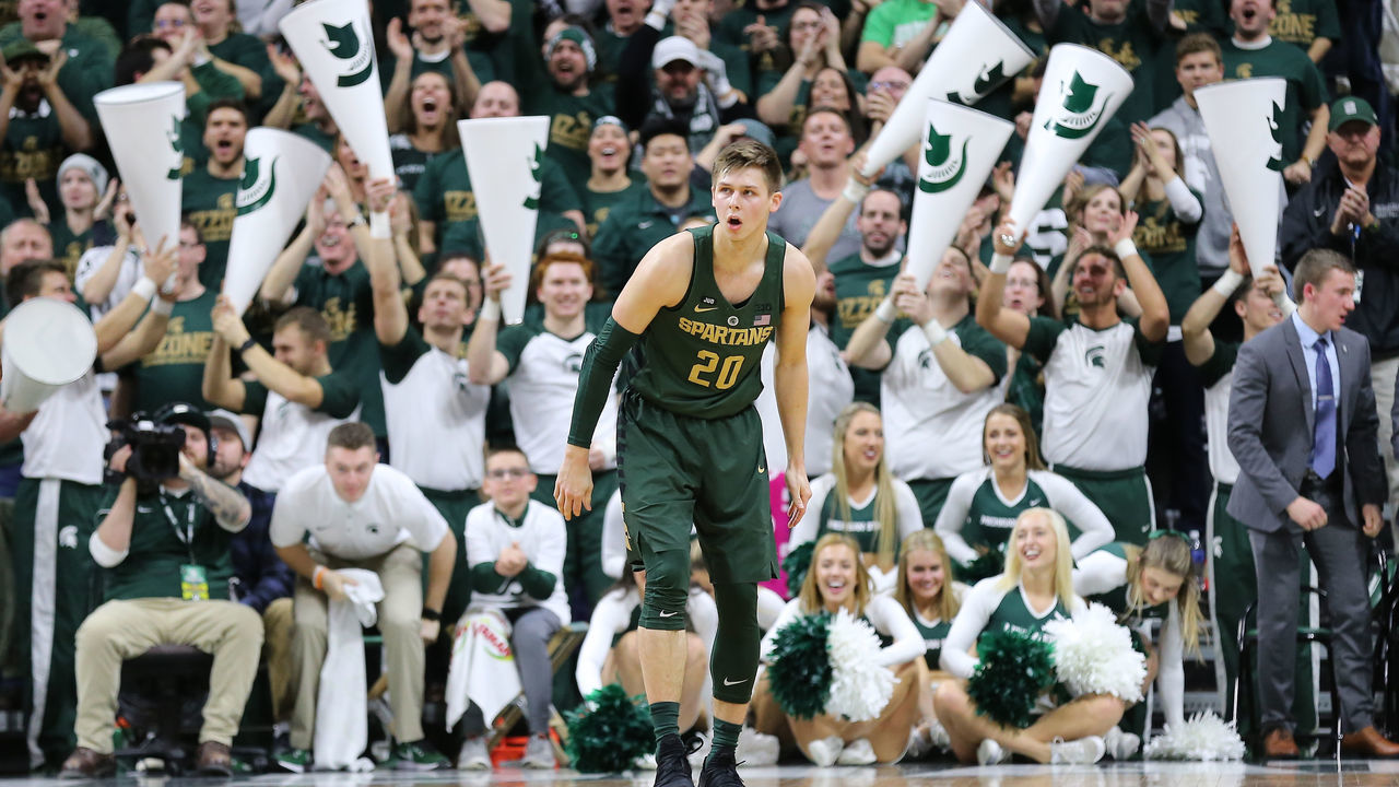EAST LANSING, MI - JANUARY 4: Matt McQuaid #20 of the Michigan State Spartans during the game against the Maryland Terrapins at Breslin Center on January 4, 2018 in East Lansing, Michigan.